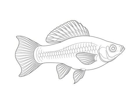 A detailed, black and white line drawing depicts a bluegill fish. The fish is shown in profile, facing left, with its fins clearly outlined.