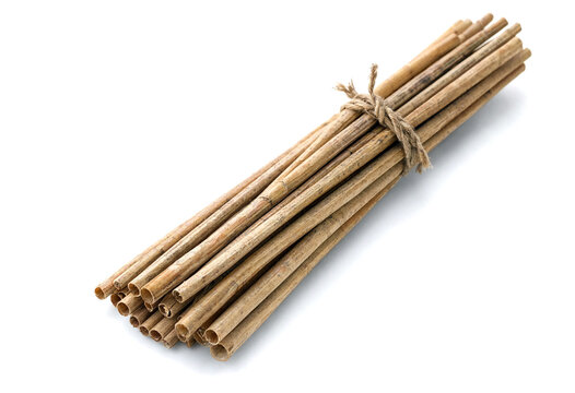 Bundle of natural bamboo sticks tied with twine for ecofriendly crafts and gardening projects