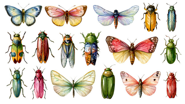 Cute insect collection, detailed watercolor clipart with soft shadows and clean edges, isolated PNG on transparent background