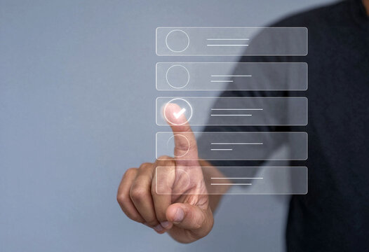 Business professional touching virtual interface with digital menu options on futuristic screen display