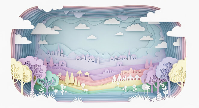 Whimsical Paper Cut Out Landscape Scene With Colorful Buildings And Trees