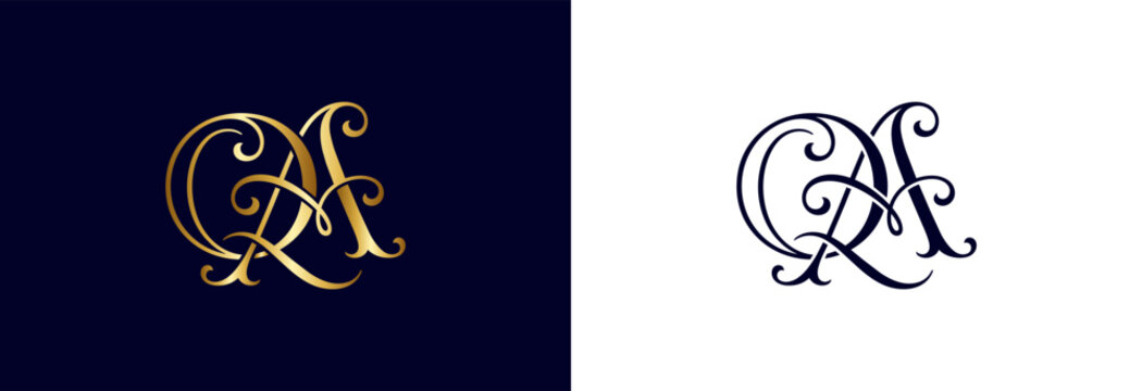 Ornate QA monogram logo design in gold on dark blue background.