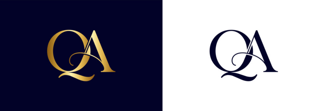 Clean QA monogram logo in gold on navy blue background.