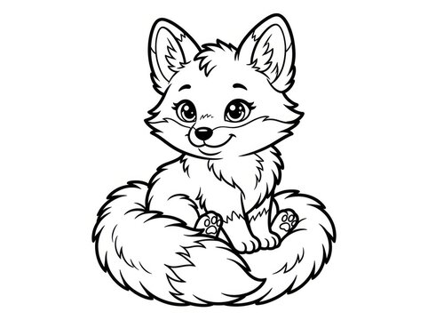A cute, cartoon fox sits playfully, curled up with its bushy tail wrapped around its paws. The fox has large, expressive eyes and a happy expression.