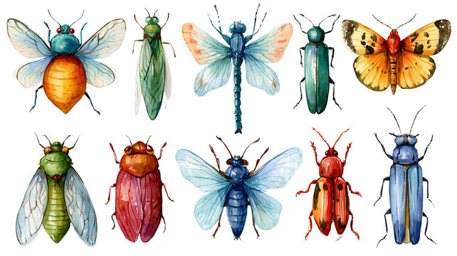 Cute insect collection, detailed watercolor clipart with soft shadows and clean edges, isolated PNG on transparent background