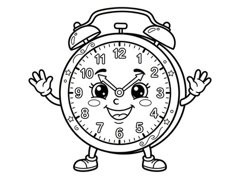A cheerful cartoon clock character is displaying the time. The clock has a smiling face with arms raised in excitement.