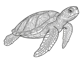 Fototapeta premium A detailed black and white line drawing of a sea turtle swimming in the ocean. The turtle has a textured shell and flippers.