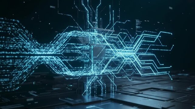 Incoming data transforms through an AI processing core into complex generative patterns, illustrating automated creation, computation, and intelligent data processing.