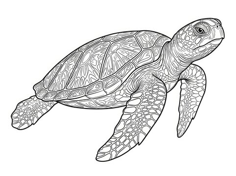 A detailed black and white line drawing of a sea turtle swimming in the ocean. The turtle has a textured shell and flippers.