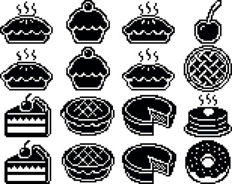 Pixel Art Bakery and Dessert Icon Set with Retro 8-Bit Cake, Pie, and Donut Graphics for Nostalgic Video Games and Food Website Designs