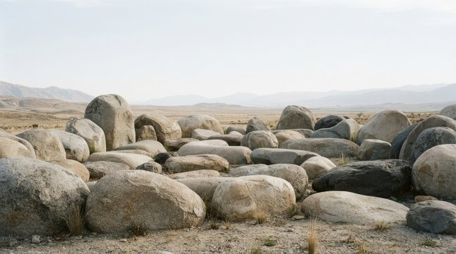 A large collection of weathered rocks dominates a barren landscape. The rocks vary in size and shape, scattered across a dry, sandy expanse.