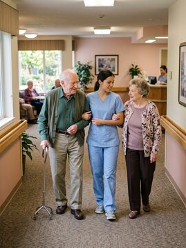 Caregiver assisting senior couple walking in nursing home hallway