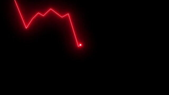 Red financial down line arrow on black background. stock market crash, business down animation.