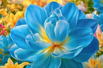 Fototapeta premium Vibrant blue flower blooming, soft yellow center, colorful garden