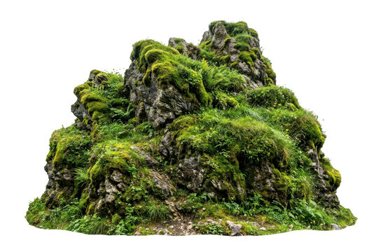 Large mossy boulder covered in lush green vegetation on black background