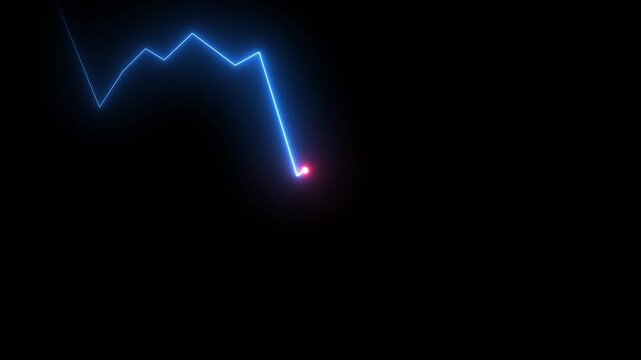 Red financial down line arrow on black background. stock market crash, business down animation.