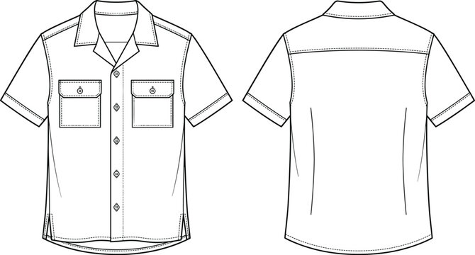 Men short sleeve camp collar safari shirt fashion technical sketch front and back view vector outline illustration template