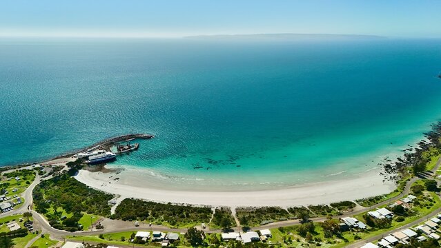 Penneshaw, Kangaroo Island, South Australia &ndash; 4K Aerial Drone View of Ferry Terminal, Hog Bay,  Penneshaw Beach, Coastal Town, Seaside houses, residential estates and Scenic Dudley Peninsula