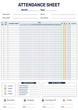 Monthly Student Attendance Sheet Template Printable A4 - Color Coded PALH School Classroom Attendance Register with 31 Days, Monthly Summary Box, Notes Section and 4 Signature Lines for Teachers
