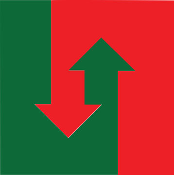 interlocking green and red arrows pointing up and down split background symbol for stock market trading exchange and comparison
