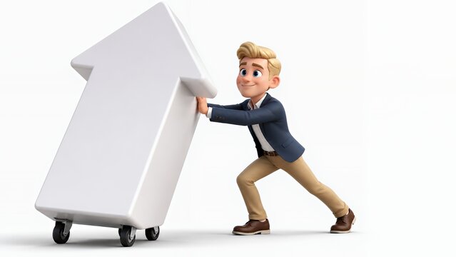 Cute 3D entrepreneur pushing blank upward arrow growth concept on white background
