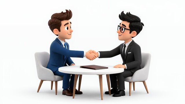 Cute 3D business partners shaking hands at blank table on white background