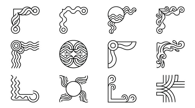 Corner borders in linear style feature wave patterns and circular ornaments on a white background.