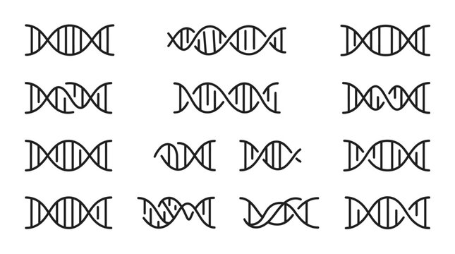 DNA double helix icons set representing genetic code, genome sequencing, and biotechnology.