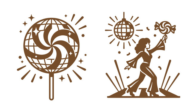 Retro disco ball lollipop and dancing person holding lollipop vector graphic with lollipop candy lollipop nightclub illustration silhouette
