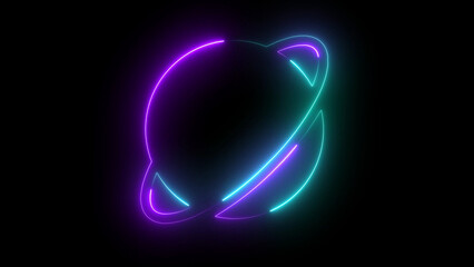 Glowing neon planet with saturn style rings in vibrant purple and cyan light lines isolated on a solid black background, for futuristic space themed © Biplob