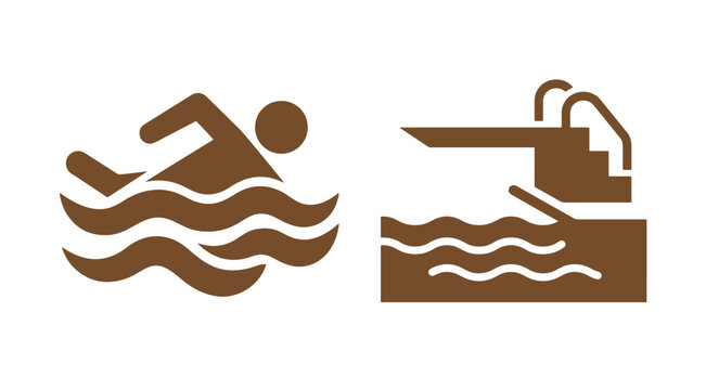 Swimming and diving pool vector icons set in brown color with swimming icon diving board water waves sport icon swimming sign pool symbol