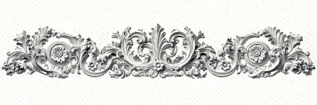 Ornate baroque style decorative scrollwork with floral and circular motifs isolated on transparent background