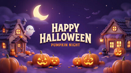 Fototapeta premium Happy Halloween banner in cute cartoon village street with glowing jack o lantern pumpkins cozy haunted cottages flying ghost and bright crescent moon night