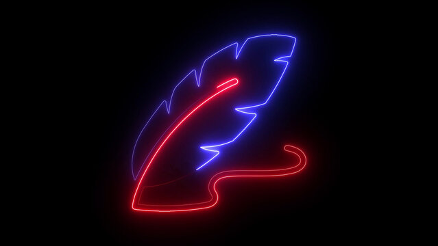 Glowing neon feather quill with blue and red light lines isolated on a black background, for creative writing, and literature concepts, and digital