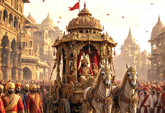 Ornate golden royal chariot pulled by decorated horses in a grand historical procession through an ancient city