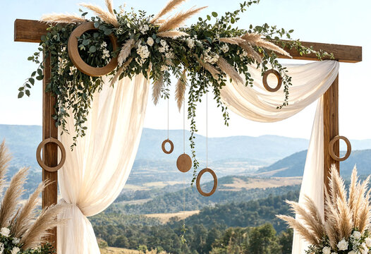 Rustic wooden arch decorated with greenery white fabric and hanging rings for outdoor wedding ceremony