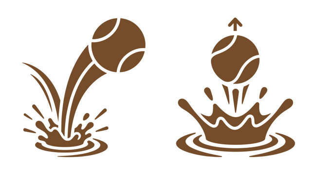 Brown tennis ball bouncing and splashing with liquid waves representing impact and action water splash liquid wave sports equipment brown icon