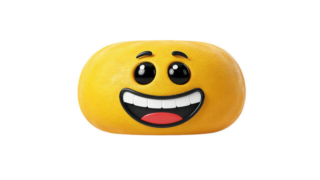 A 3 d rendered yellow oval emoji character with large black eyes and a wide grinning mouth showing white teeth isolated on a transparent background