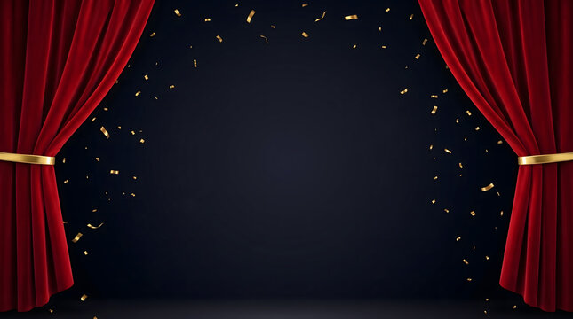 Red Velvet Theater Stage Curtains with Falling Gold Confetti on Dark Background, Elegant Premiere Backdrop with Copy Space for Awards and Events for Black Friday.