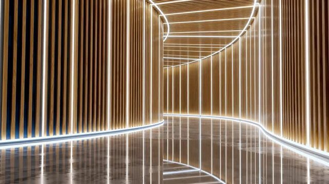 Modern curved corridor with blue and wooden panels, illuminated by white LED strips and reflective floor