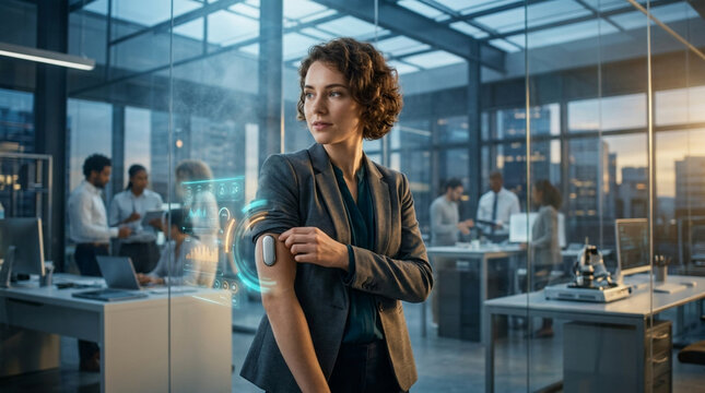 A Woman Wearing a Smart Band with a Holographic Interface in a Modern Office Environment