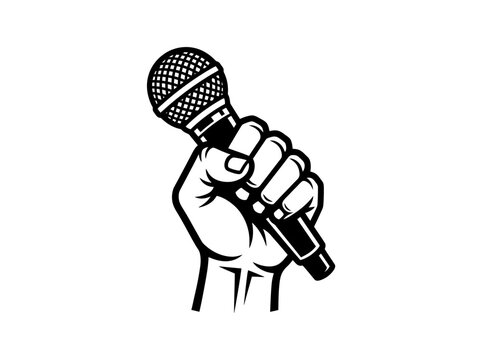 aised hand holding microphone, vector icon for freedom of speech and podcasting.