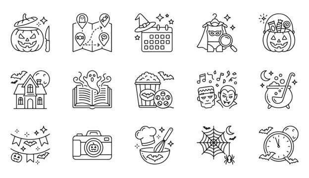 Set of halloween celebration thin line icons including pumpkin carving ghost map calendar superhero costume candy bucket haunted house book film