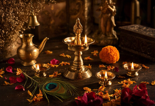 Traditional brass oil lamps and decorative items arranged for a spiritual ceremony with flowers and peacock feathers