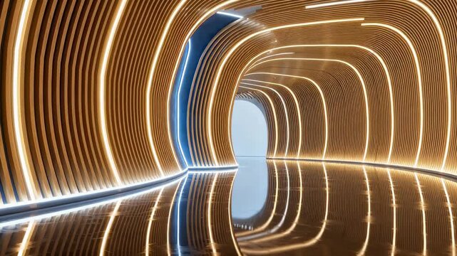 Futuristic tunnel with curved wooden walls, glowing LED strips, and reflective floor creating symmetrical light patterns