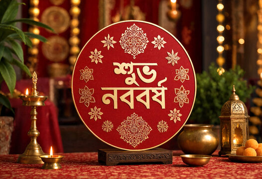 Traditional Bengali New Year decoration with golden text and ornate designs on a red circular background