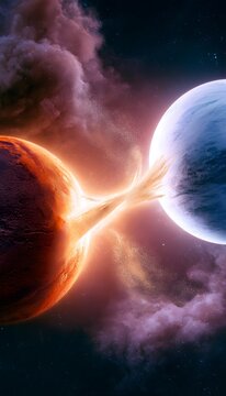 Cinematic space exploration featuring a glowing cosmic bridge connecting two majestic planets_
