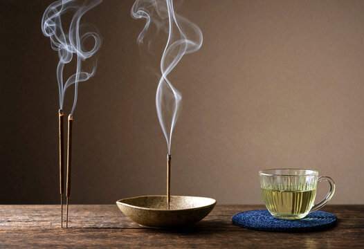 Traditional incense sticks burning with smoke on a wooden table beside a cup of green tea