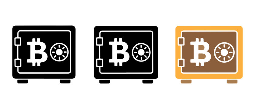Bitcoin safe box icon representing crypto security, blockchain protection, digital asset storage design.
