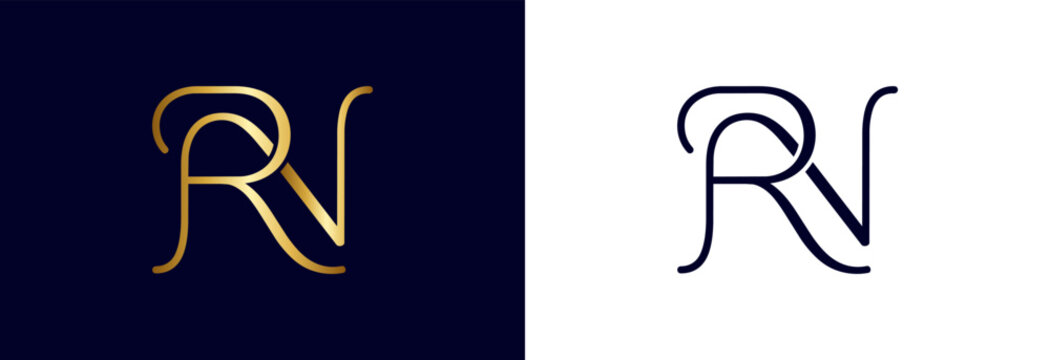Modern RN monogram with clean lines in gold and black for upscale branding.